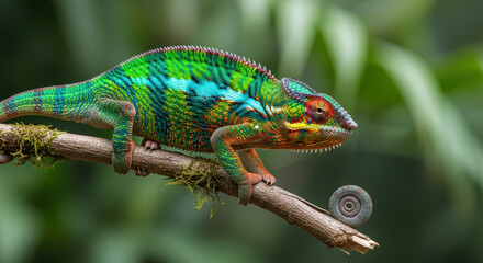 Obraz premium Colorful Chameleon Climbing a Tree Branch