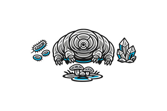 A stylized vector illustration of a tardigrade surrounded by microscopic elements like bacteria, crystals, and mushrooms on a solid black background with blue accents.