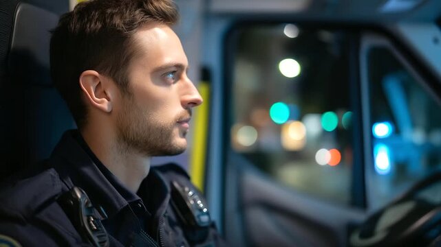 Faceless paramedic in ambulance, emergency medical professional inside vehicle, mobile healthcare worker scene, with copy space