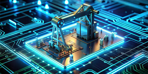 Obraz premium A robotic arm is positioned over a circuit board in a technology lab. It is working on components while blue lights shine on the surface. The setting occurs at night