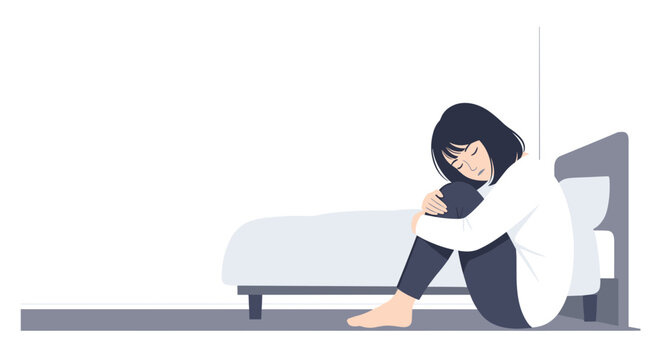 A lonely, petite young woman with East Asian features sits hugging her knees in an abstract bedroom. Flat vector illustration in Japanese minimalism.