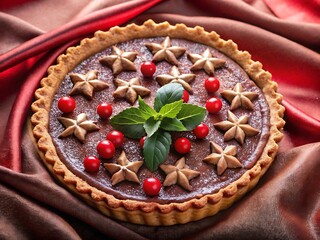Delicious chocolate tart decorated with star pastry, cherries and mint leaves