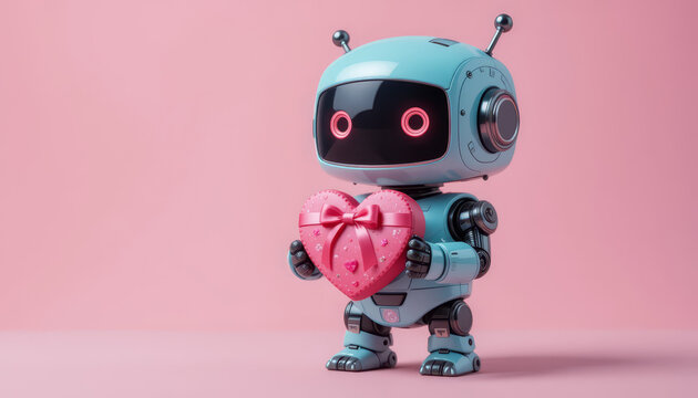A small robot stands on a pink background holding a heart-shaped gift box. The robot has round eyes and a simple design. This scene shows creativity and fun in design
