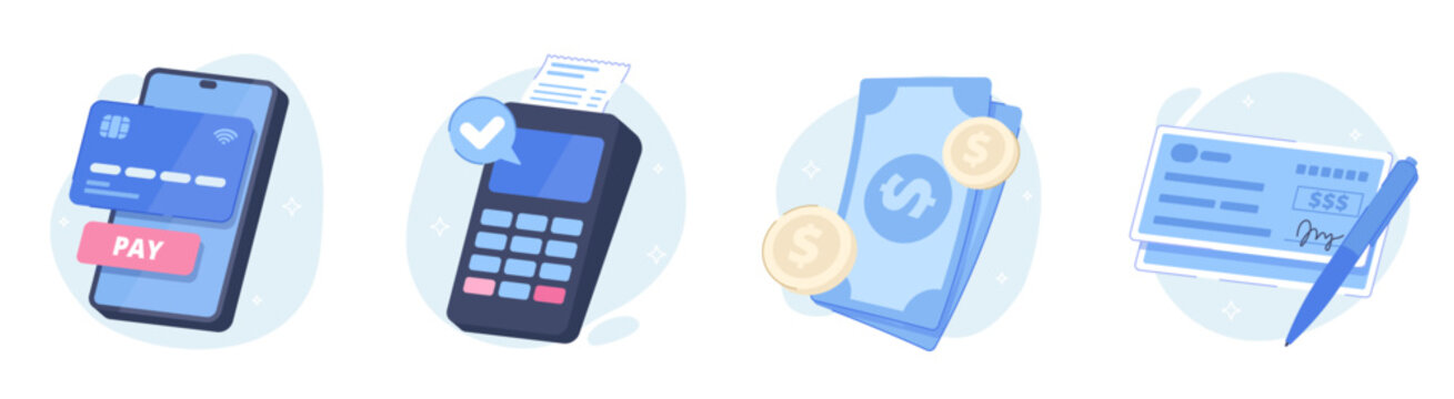 Payment methods illustration set with mobile wallet credit card pos terminal cash money and check icons in flat cartoon style with blue color scheme for finance apps
