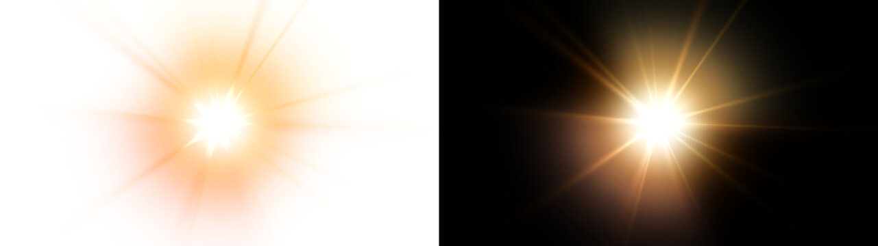 Digital star PNG burst with golden light and glowing sun rays, bright flare and sparkle overlay on transparent background.