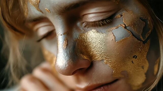 Close-up portrait of faceless woman with face painted as world map in metallic tones, unity and global connection symbolism, with copy space