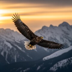 Obraz premium Majestic Eagle Soaring Over Snowy Mountains at Sunset, Wildlife Bird of Prey