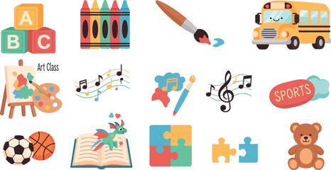 Fototapeta premium A vibrant collection of cartoon illustrations depicting various childhood education, learning, and leisure activities on a white background.
