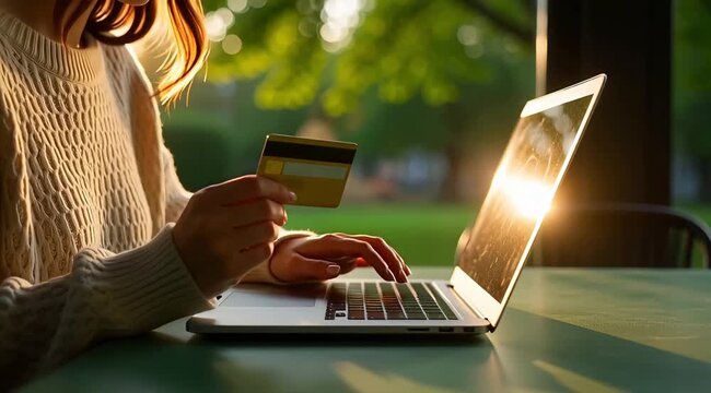 Woman using laptop and credit card outdoors in park at sunset for online shopping