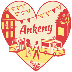 Naklejka premium Ankeny Iowa Community Festival Illustration with Food Trucks and People in Heart Shape