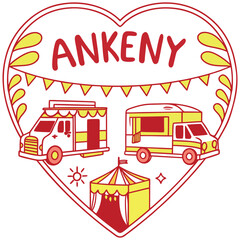 Naklejka premium Ankeny Iowa Fairground Illustration with Food Trucks and Carnival Tent in Heart Frame