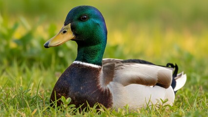 Obraz premium Beautiful male mallard duck with iridescent green head and yellow bill resting peacefully in vibrant green grass vegetation, natural wildlife habitat, professional nature photography with shallow dept