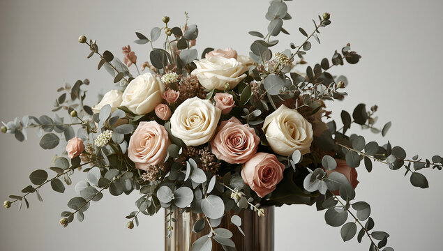 Elegant floral arrangement with roses and eucalyptus, neutral tones with soft pink accents