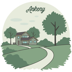 Fototapeta premium Ankeny Iowa Suburban Home Illustration with Lush Greenery and Winding Road