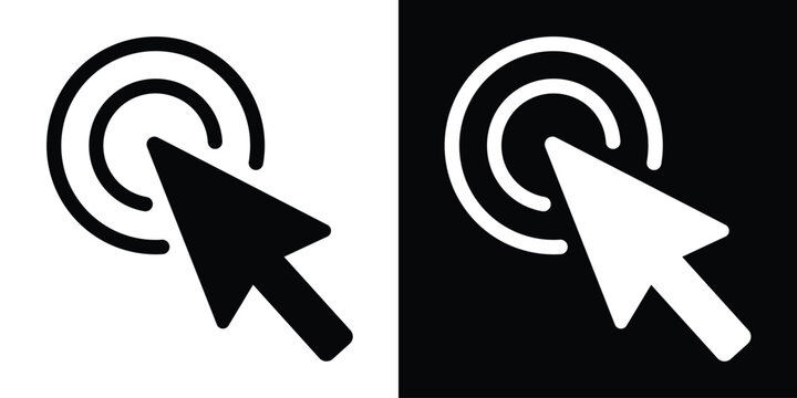 Mouse cursor arrow clicking on concentric circle targets. Modern UI icon for user interaction, navigation, and digital selection. Minimalist black and white vector graphics for web design.