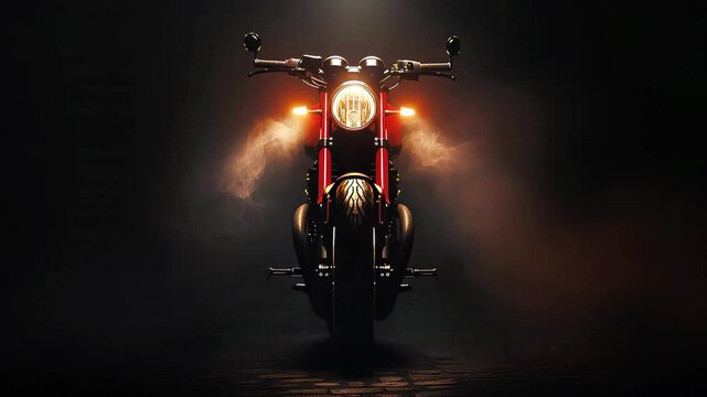Motorcycle front view with headlights illuminated in dark setting  