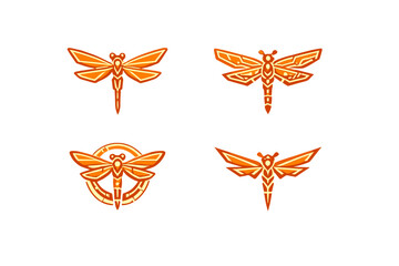 Obraz premium Four stylized orange dragonfly icons with glowing geometric patterns are arranged on a black background. Each design features a unique symmetrical insect shape with sharp lines.