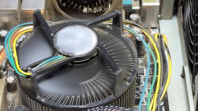 The circular cooling fan rotates rapidly above the motherboard to dissipate heat. This continuous motion creates a steady, low-frequency hum and a soft whirring sound of air moving through the fins.