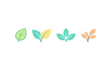 Obraz premium A set of four minimalist plant icons featuring stylized leaves in various colors like green, teal, yellow, and orange, arranged horizontally against a solid black background.