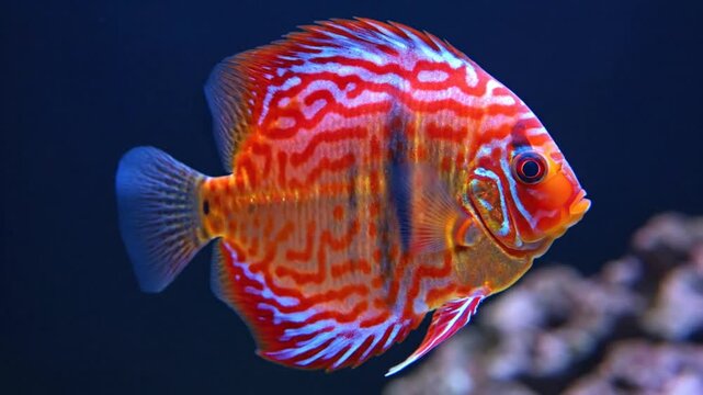 Stunning aquarium discus fish displaying vibrant colors of red, orange, blue, and yellow in a beautiful aquatic scene