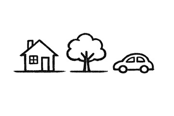 A simple black line drawing featuring a house with a chimney, a leafy tree, and a small car arranged in a horizontal row on a plain white background with a textured finish.