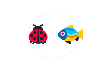 A flat vector illustration featuring a red ladybug and a colorful blue fish enclosed within a thin white circle, set against a solid black background.