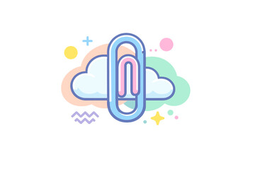 A colorful illustration featuring a large blue and pink paperclip positioned in front of a white cloud, surrounded by pastel shapes and decorative elements on a black background.