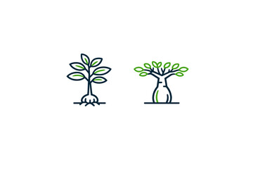 Obraz premium Minimalist vector illustration featuring two stylized plant icons on a black background. One shows a plant with roots and leaves, the other a baobab tree with a thick trunk and green canopy.