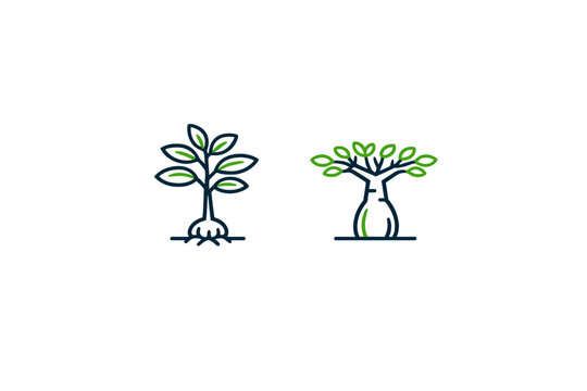 Minimalist vector illustration featuring two stylized plant icons on a black background. One shows a plant with roots and leaves, the other a baobab tree with a thick trunk and green canopy.
