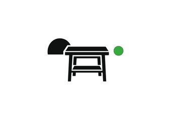 Fototapeta premium A minimalist vector illustration featuring a black table icon centered on a dark background with a green circle on the right and a black semi-circle on the left side of the desk.