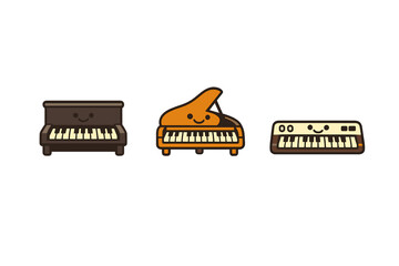 Three cute cartoon musical instruments including an upright piano, a grand piano, and an electronic keyboard with smiling faces are displayed against a solid black background.