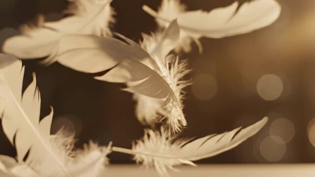 Delicate white feathers gracefully float in the air, illuminated by soft, warm light, creating a serene and ethereal atmosphere against a shimmering background