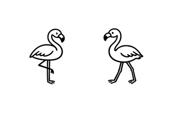 Obraz premium Two minimalist line art flamingos are depicted in white against a solid black background. One bird stands on a single leg while the other stands on both legs facing it.