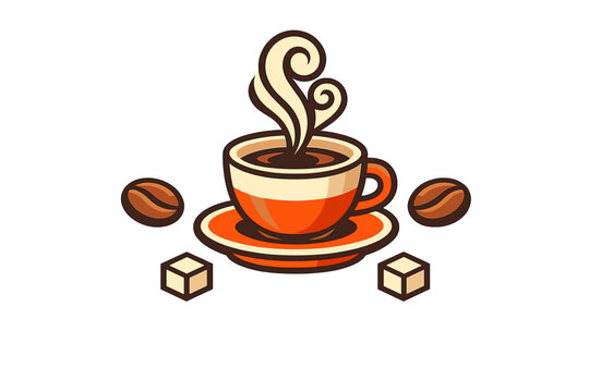 A stylized vector illustration of a steaming cup of coffee on a saucer, surrounded by two coffee beans and two sugar cubes against a solid black background.