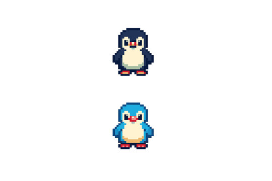 Two pixel art penguins are shown on a black background. The top character is dark blue and the bottom is light blue. Both feature a retro video game aesthetic with simple 2D graphics.