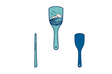 A vector illustration of a wooden kitchen spatula shown from three angles, featuring a decorative ocean wave design with a sun and birds on the front surface.