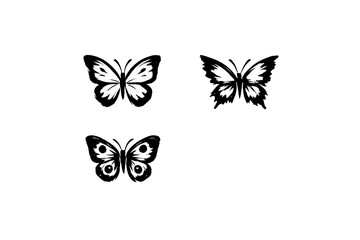 A collection of three white butterfly silhouettes set against a stark black background. The designs vary in wing shape and internal patterns, including circular eye-spots.