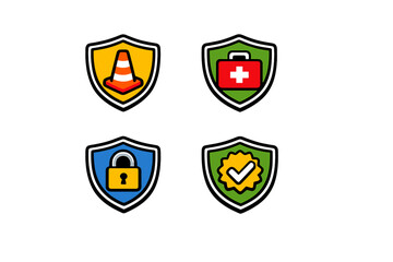 A set of four colorful shield icons on a black background, featuring a traffic cone, a first aid kit, a padlock, and a checkmark badge, representing safety and security concepts.