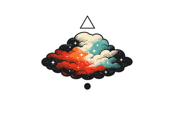 A stylized graphic illustration of a colorful cloud filled with stars and a night sky, featuring a white triangle above and a small circle below on a solid black background.