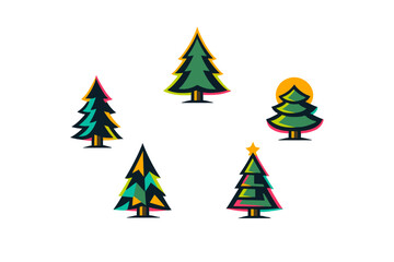 Five stylized evergreen trees are arranged in a circular pattern against a black background. Each tree features a unique geometric design with vibrant colors and bold outlines.