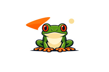 A vibrant cartoon illustration of a green red-eyed tree frog with orange feet sitting on a black background. The image features clean lines and bold colors in a vector style.