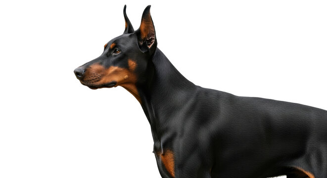 Isolated Doberman pinscher looking to the side, cropped shot, black coat with brown details