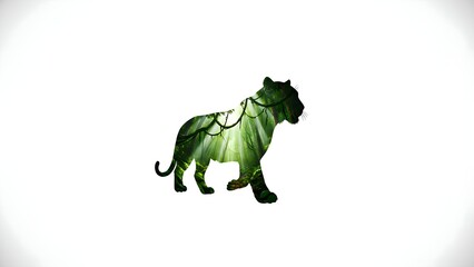 Obraz premium Silhouette profile of a majestic jungle cat filled with vibrant, sun-drenched rainforest imagery featuring lush green trees and hanging vines.