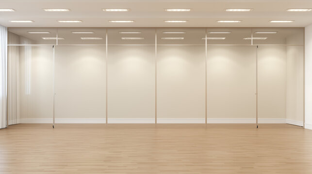 Espace int&eacute;rieur vide minimal avec mur beige et parquet bois