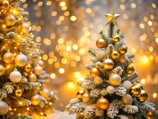 Festive golden christmas trees adorned with baubles and twinkling lights creating a magical holiday atmosphere