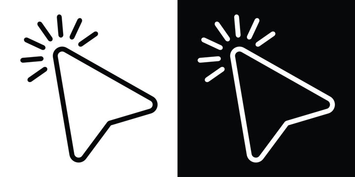 Linear outline cursor arrow featuring radiating energy lines. Minimalist wireframe style icon for modern web interfaces, touch gestures, and interactive menus. Elegant stroke design.