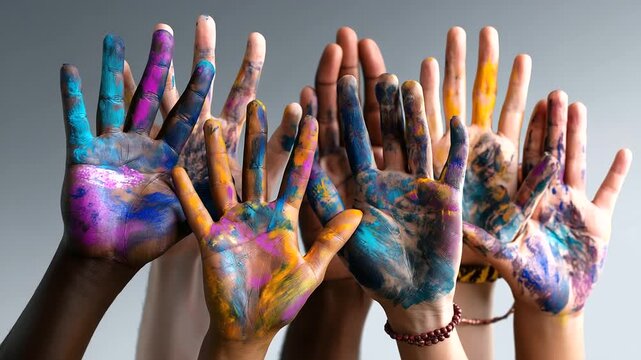 Unity in diversity showing hands raised high painted in vibrant colors, solidarity and cultural expression symbolism, with copy space