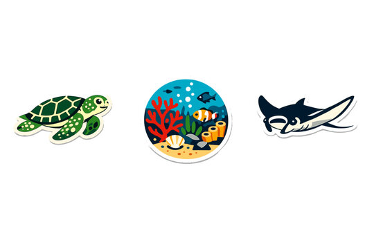 A collection of three marine life stickers featuring a green sea turtle, a circular coral reef scene with a clownfish, and a manta ray against a solid black background.