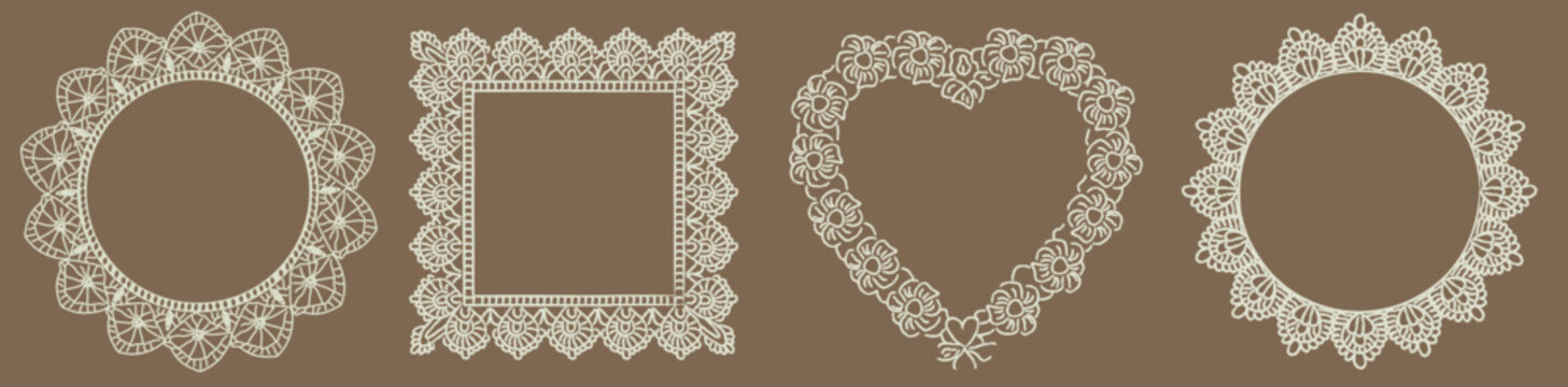 Hand drawn vintage whimsical lace frames and doilies decorations with floral ornament details. Crochet, whimsy decorative circular, square and heart borders in retro style. Vector illustration.