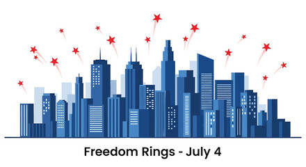 Obraz premium Independence day cityscape icon, Freedom Rings - July 4. Blue city skyline with red fireworks on white background. Vector illustration for USA holiday.